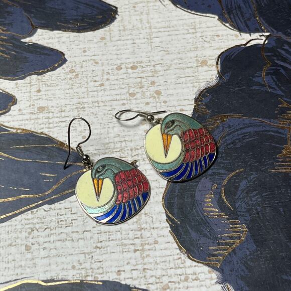 Vintage Silver Tone Enamel Cloisonne Bird Earrings - Picture 2 of 6